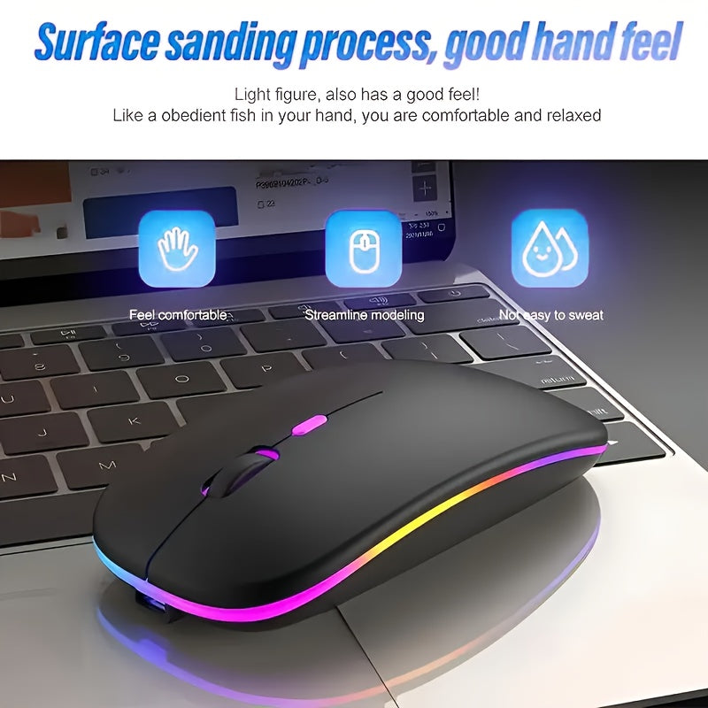 Ratón inalámbrico portátil silencioso para oficina, compatible con teléfono, tableta, laptop y computadora, recargable, modo dual 2.4G, diseño ergonómico, ultra delgado con luz RGB, interfaz de carga tipo C, 4 botones, compatible con múltiples sistemas