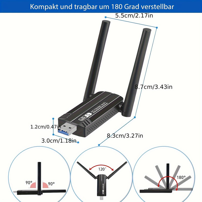 Adaptador USB WiFi, 1300Mbps Banda Dual 2.4GHz/400Mbps & 5.8GHz/867Mbps 5dBi Antena Dual de Alta Ganancia 802.11AC Adaptador WiFi USB 3.0 Inalámbrico