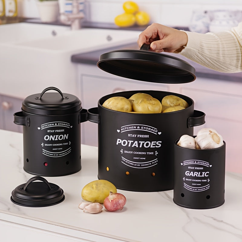 Juego de 3 contenedores de alimentos para almacenar artículos como papas, cebollas, ajo, tomates y limones, con divisores, ideales para reuniones al aire libre y celebraciones festivas.