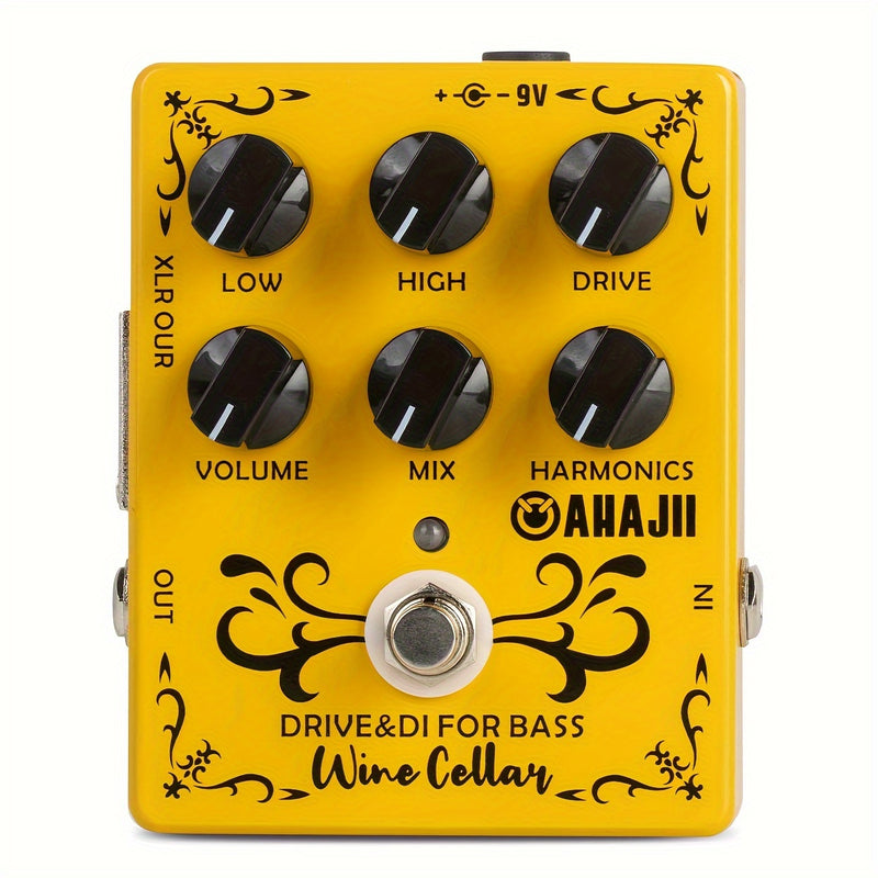 Pedal AHAJII CP-XLR Output Bass Driver DI para Guitarra/Pedal - Efectos True Bypass con Sonido de Amplificador Tubo, Controles Drive/High/Mid/Low, Emulación Analógica de Gabinete - Pedalboard Compacto Amarillo para Bajo y Guitarra Eléctrica, USB (36V), M