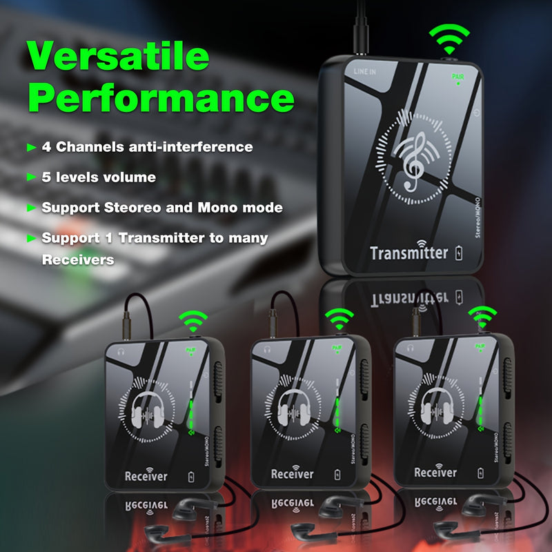 Sistema de monitores inalámbricos intraurales, 2.4 GHz, audio profesional sin pérdidas, 4 canales, 5 niveles de volumen, emparejamiento automático