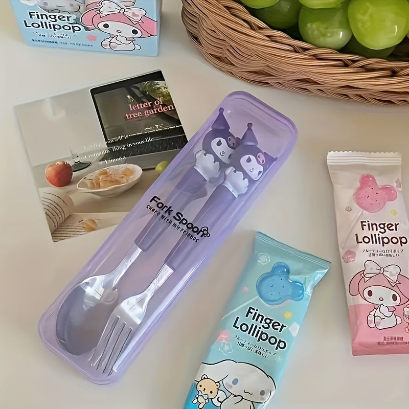 Juego de Cubiertos de Acero Inoxidable de Sanrio con Dibujos Animados 2pcs - Tenedor y Cuchara Portátiles con Mangos de Personajes Adorables para Uso en la Comida y la Cocina