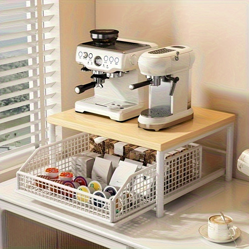 Organizador de Encimera para Cocina Ahorrador de Espacio con Cajón y Cesta Metálica - Estante de Almacenamiento de Madera Dura y Metal de 2 Niveles para Cafetera, Utensilios, Especias - Diseño Contemporáneo /Blanco, Sin Necesidad de Energía, Organización