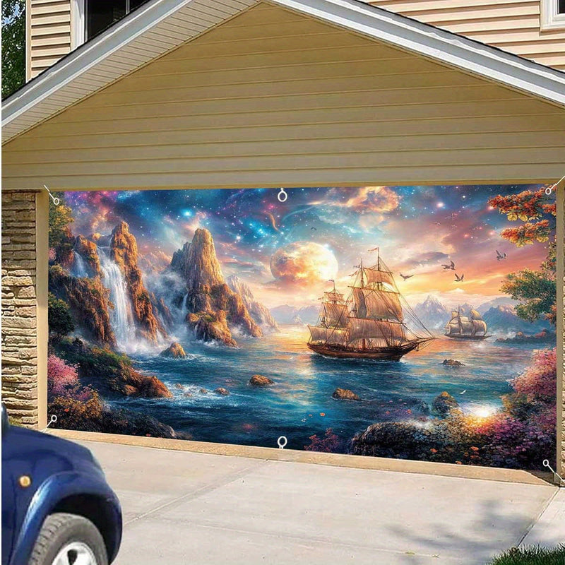 Banner para Puerta de Garaje Estrellado Cascada 1 pieza - Gran Telón de Fondo Decorativo Exterior con Barco de Vela, Cascada y Escena de Atardecer para Fiestas, Vacaciones y Decoración del Hogar