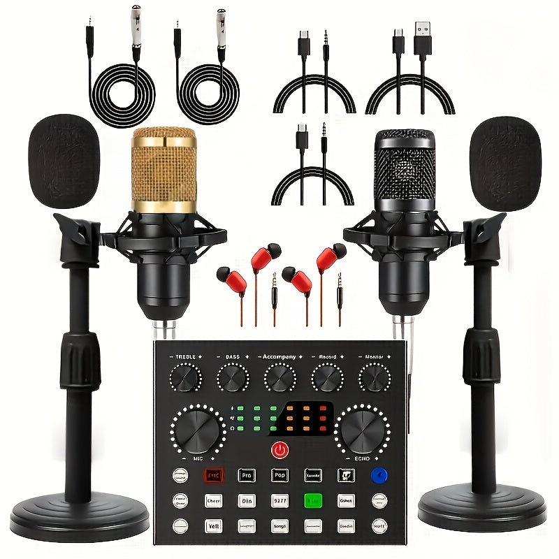 Equipo de podcast actualizado 2025 para dos, interfaz de audio V8 con tarjetas de sonido en vivo todo en uno y micrófono condensador BM800 negro/dorado, micrófono de podcast, adecuado para grabación y transmisión en vivo