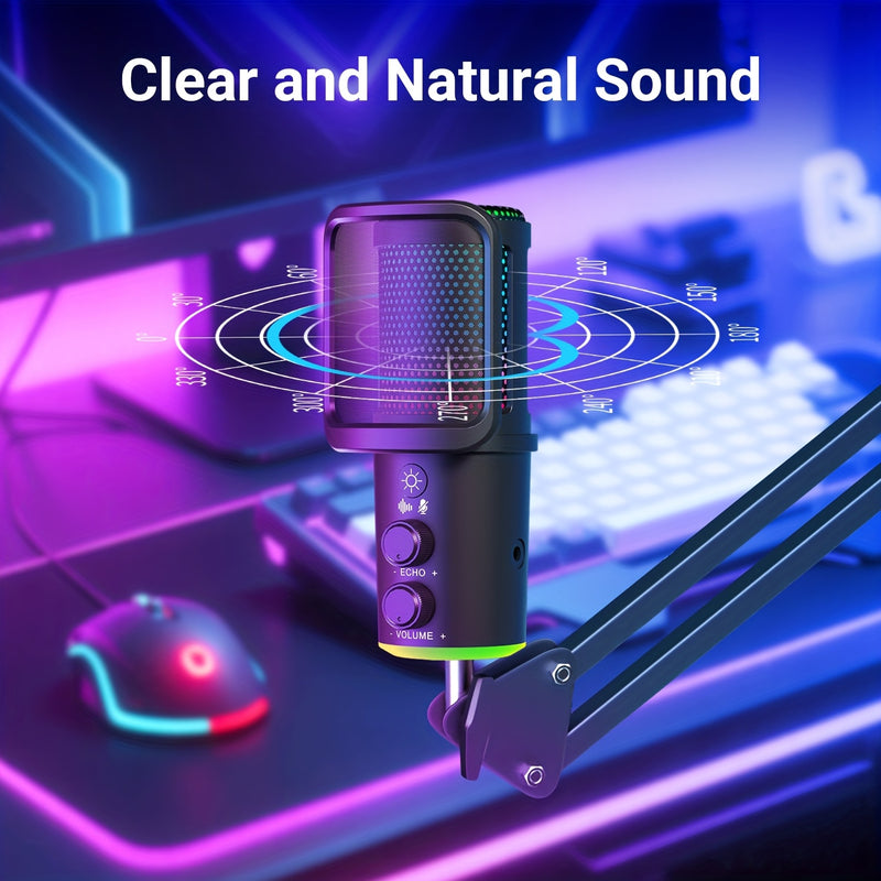 Microfono USB, Micrófono Condensador RGB con Brazo Boom Plug & Play, Kit de Microfonía Metálico Cardioid para PC y Computadora con Sonido Profesional para Grabación, Gaming y Canto, Incluye Filtro Anti-Pop
