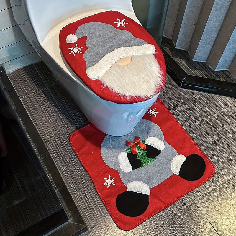 Juego de 2 piezas, cubierta de asiento de inodoro y alfombrilla con personajes de Papá Noel y hombrecito de nieve, decoración de baño estacional, regalo de Navidad creativo, accesorios para diseño de hogar adecuados para vacaciones.
