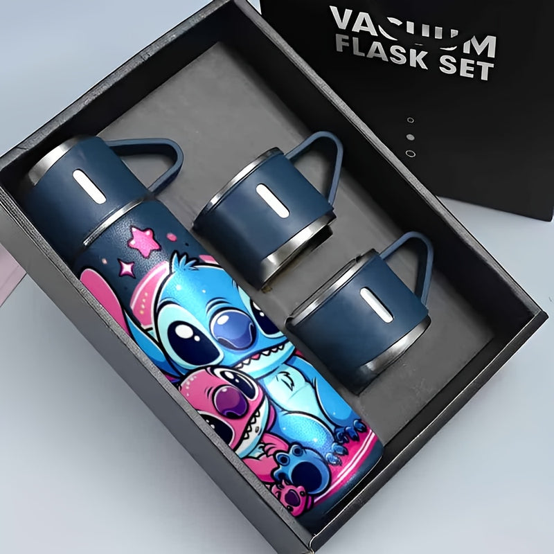 Juego de 1 Set 17Oz Disney Stitch Acero Inoxidable Termo a Prueba de Fugas con 3 Tazas para Bebidas Calientes y Frías, Adecuado para Viajes de Negocios y Útiles Escolares LHB03211