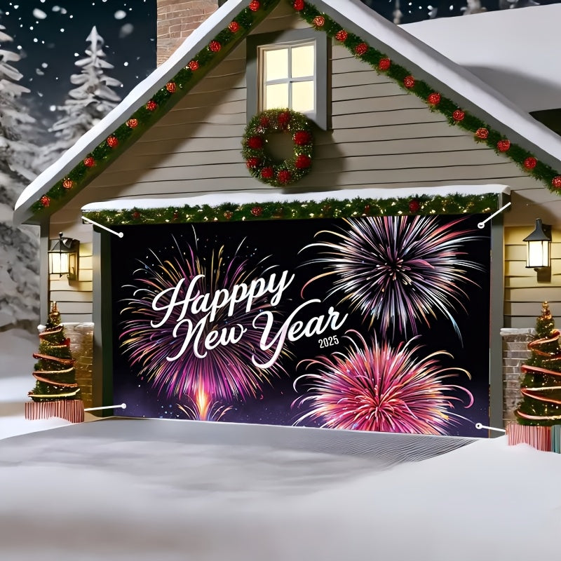 1pc de poliéster tejido de Año Nuevo pancarta de puerta de garaje, 400.0x180.01cm, diseño clásico de fuegos artificiales de dibujos animados, decoración para interior/exterior para Navidad, Halloween, Pascua, Acción de Gracias, Día de San Valentín - No s