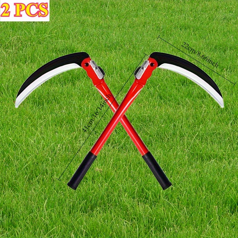 2 Piezas de Machete Plegable Resistente con Mango Largo - Acero al Manganeso Rojo y para Corte Manual en Jardín, Césped y Granja - Herramienta Versátil para Cortar Trigo y Cosecha de Hierba | Mecanismo Robusto | Hoja Metálica Duradera, Ideal para Exterio