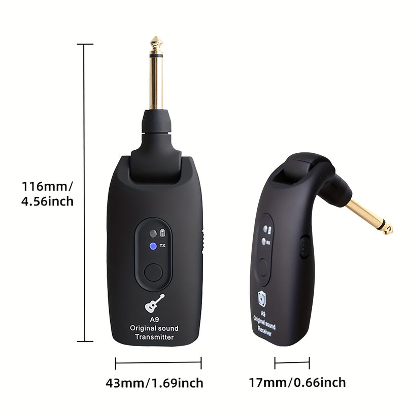 Sistema inalámbrico de guitarra que funciona a 2.4 GHz, transmisor y receptor de audio inalámbrico recargable, adecuado para guitarra, bajo, instrumentos de viento e instrumentos musicales electrónicos.
