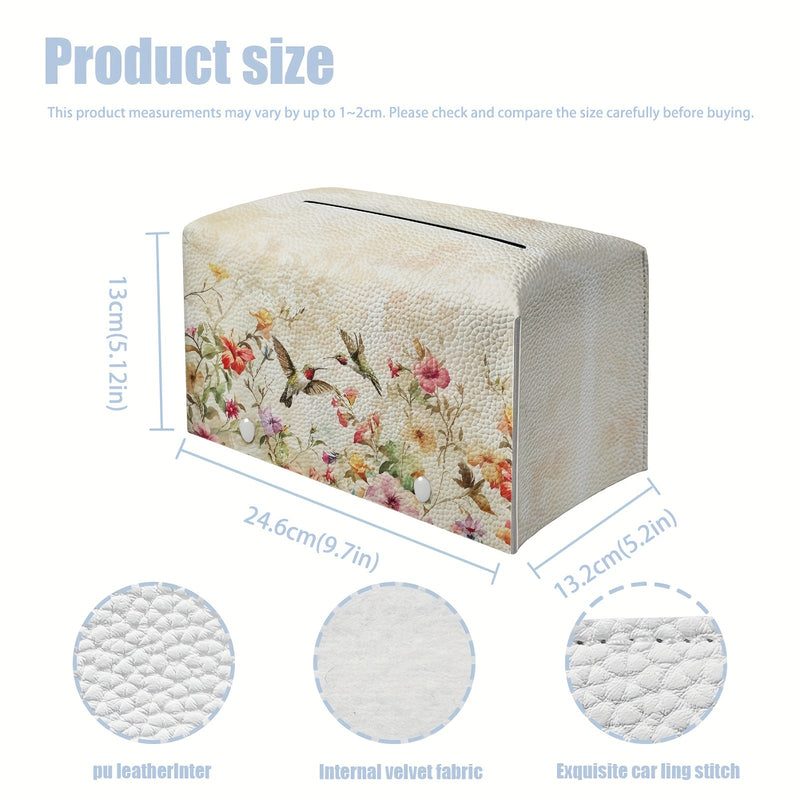 1pc Cubierta de Caja de Pañuelos de Cuero Pu con Cinturón Antideslizante, Estampado Vintage de Flores y Colibrí, Organizador Portátil de Pañuelos, Cubierta Decorativa para Caja de Pañuelos para Sala de Estar, Baño y Oficina