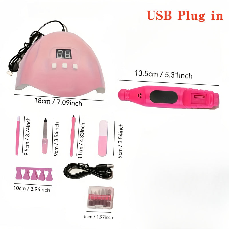 Un juego de herramientas de manicura premium rosa (incluye varias herramientas y una máquina de pulir uñas con 6 cabezas de pulido intercambiables | Lámpara de uñas | Polidor | Herramientas para cutículas y separadores de dedos | Lámpara de uñas LED de s