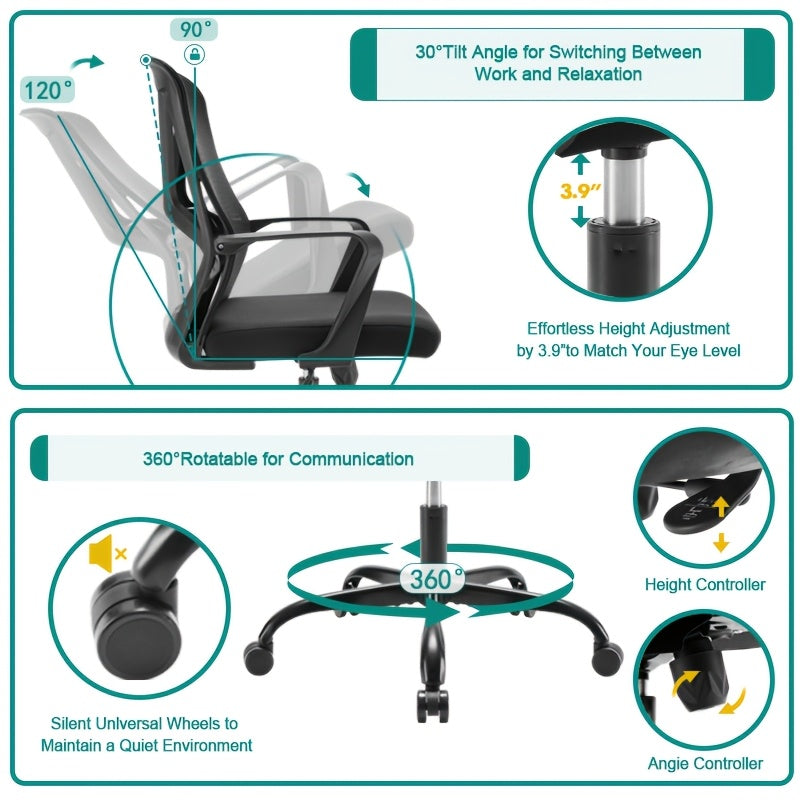 Silla de oficina ergonómica negra, silla de escritorio de computadora para el hogar cómoda con soporte de arco, reclinable manual, giratoria, rellena de esponja, tapizada, construcción de madera dura y tablero de partículas, no requiere electricidad