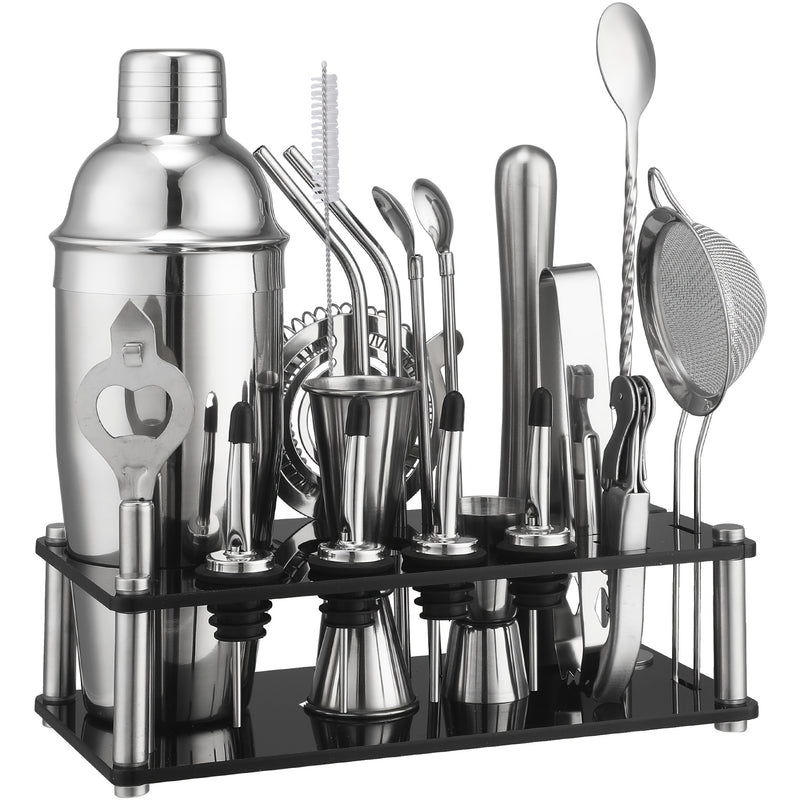 20 piezas Juego de Mixología de Acero Inoxidable con Shaker, Colador, Muddler, Jigger, Cuchara, Filtro de Hielo, Abrebotellas, Salidas de Vino y Soporte de Herramientas de Acrylic - Kit de Barman Completo