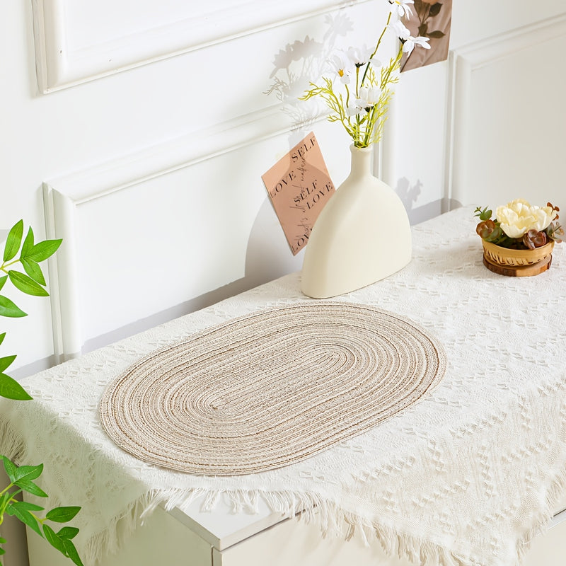 4/6pcs Placemats de hilo oval, manteles de mesa lavables, poliéster 100.00, decoración de comedor tejida a mano, almohadillas de mesa de 100% poliéster
