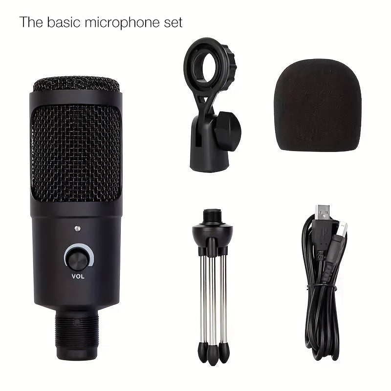 Micrófono de condensador USB con cable para computadoras y teléfonos, adecuado para karaoke, grabación, audiolibros y transmisión en vivo.