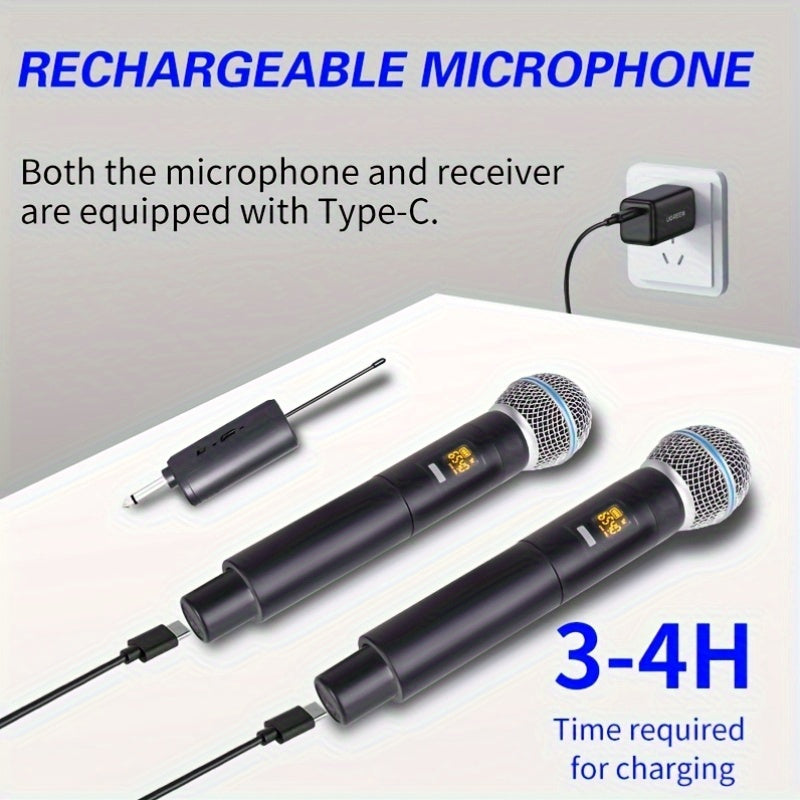 2 Micrófonos Inalámbricos Portátiles Micrófono Inalámbrico Multiusos, Micrófono de Karaoke, Sistema Dinámico Portátil con Receptor Recargable para Fiestas, Iglesia, Reuniones, Bodas