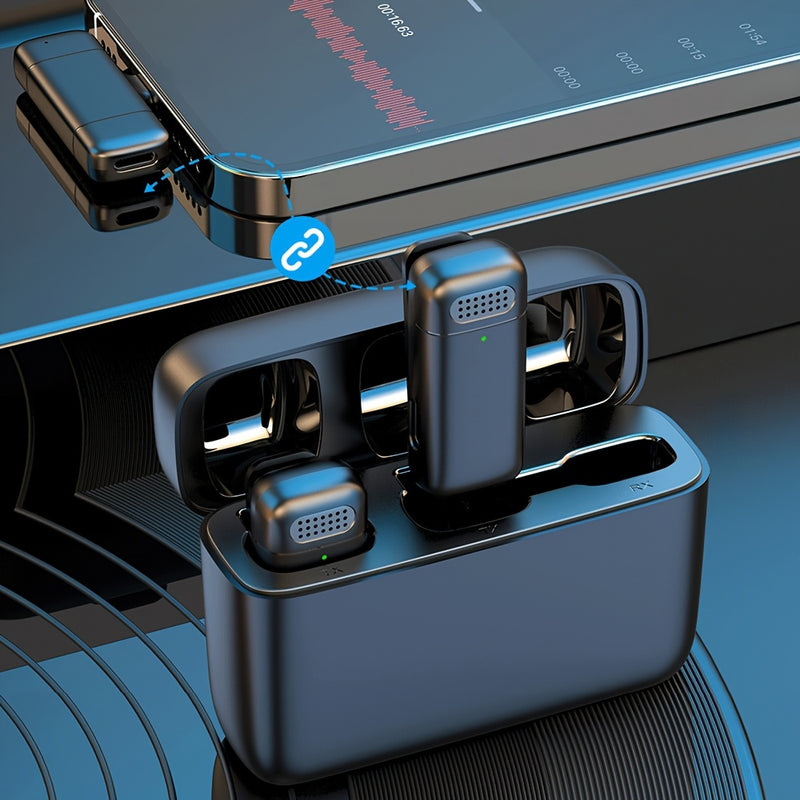 Pack de 2 Micrófonos Inalámbricos con Clip para Cuello y Base de Carga con Pantalla Digital, Compatible con iPhone y Otros Dispositivos Android