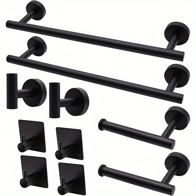 Juego de accesorios para baño moderno 2024, incluye barra para toallas de 15.8 pulgadas, montaje en pared con taladro, material duradero, acero inoxidable SUS304, juego de 10 piezas (plateado/negro)