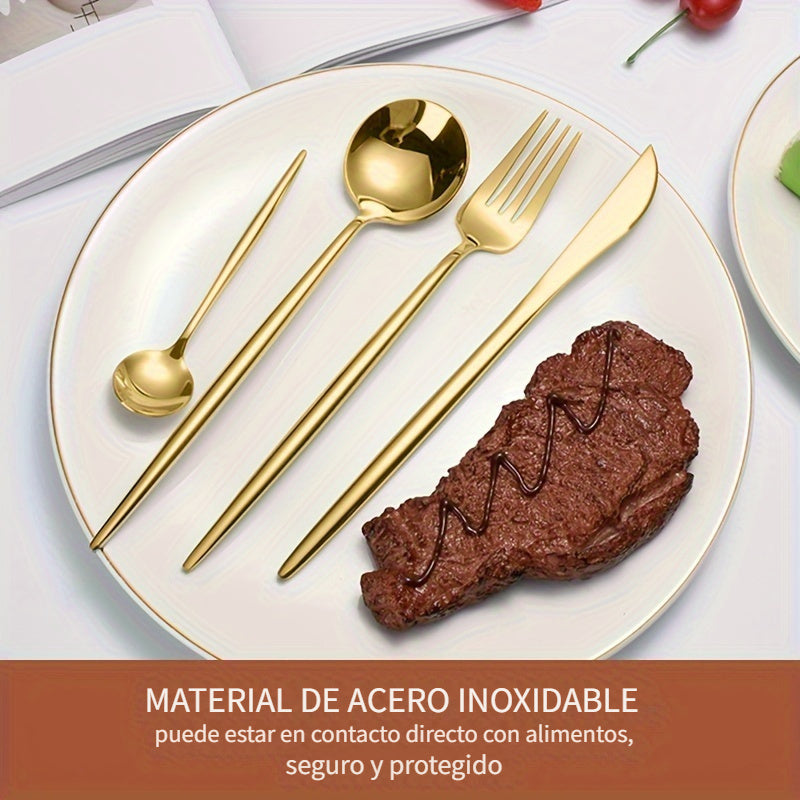 24 piezas de cubertería de acero inoxidable en dorado, con estilo elegante portugués, adecuado para 6 personas, incluye cuchillos para bistecs portugueses, tenedores, cucharas y cucharitas, juego de cubertería de acero inoxidable dorado de lujo, ideal pa