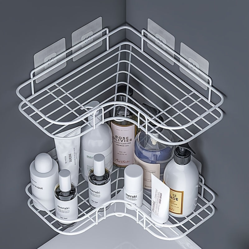 1pc Estante de Esquina Metálico Blanco Ahorrador de Espacio - Sin Taladro, Organizador de Pared para Baño y Cocina para Champú, Productos de Cuidado de la Piel y Más, Ideal para Uso Doméstico y Hotelero, Organizadores y Almacenamiento de Baño