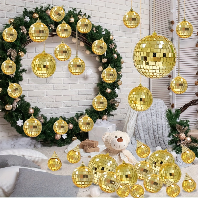 35 bolas de disco de vidrio, 4 tamaños, decoraciones reflectantes plateadas colgantes, suministros para fiestas de disco de los 70, decoraciones navideñas para árboles, sin plumas, para uso en el hogar y la cocina.