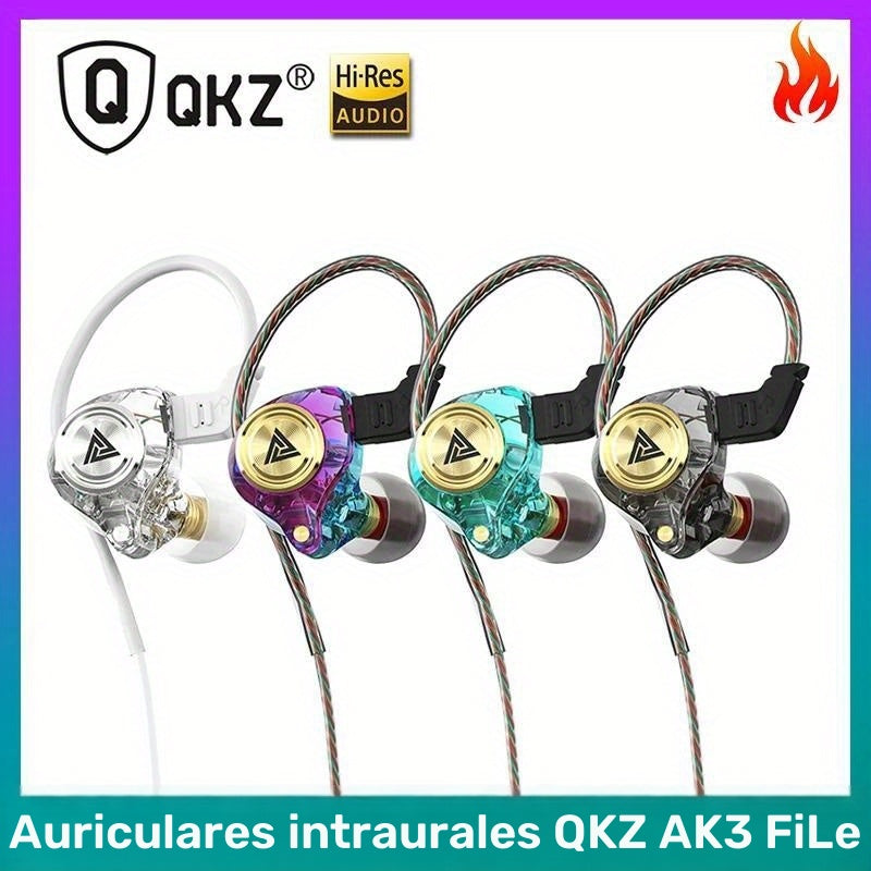 Auriculares internos QKZ AK3 FiLe de alta fidelidad, audífonos con cable y micrófono, cancelación de ruido con subwoofer, para gaming y música, plástico duradero, cable de 120 cm/47.24 pulgadas, diseño en colores vivos