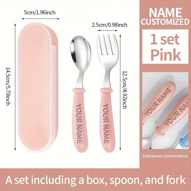 1PCS Vajilla Personalizada, Cuchara y Tenedor de Acero Inoxidable 304, Cuchillo y Tenedor Corto con Mango de Silicona para Aprendizaje de Alimentación Complementaria, Regalo de Apertura Escolar, Vajilla Portátil Personalizable