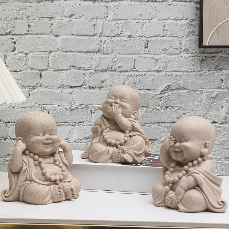 Figura de Monje de Resina Inspirada en Zen - "No Ver el Mal, No Oír el Mal, No Hablar el Mal" con Buda Sonriente, Perfecta para Decoración Interior/Exterior, Estatua de Temática de Dibujos Animados Versátil para Hogar y Jardín, Estatuas de Buda