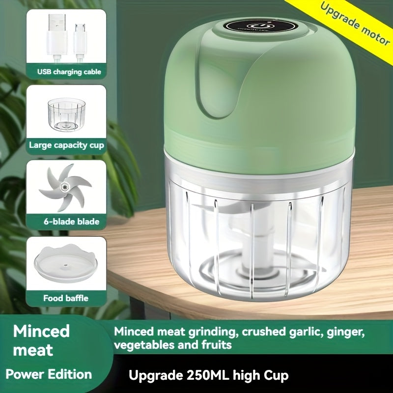 Mini triturador eléctrico portátil, cuchillas de acero inoxidable recargables por USB, capacidad grande de 250 ml, diseño de separación húmeda y seca, perfecto para machacar ajo, carne picada, pimientos, frutas y verduras, ayudante esencial de cocina.