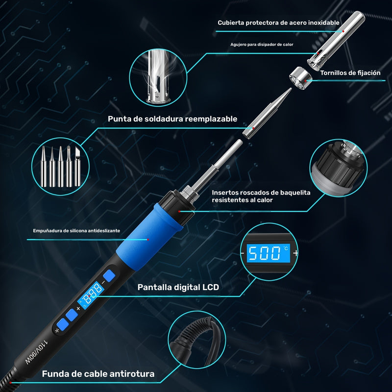 Kit de soldador, ILIBILIB 110V 90W LCD pantalla digital ajustable temperatura soldador 180 a 500°C, 6 en 1 termostato calentamiento rápido inteligente kit de soldador para soldadura DIY reparación, azul
