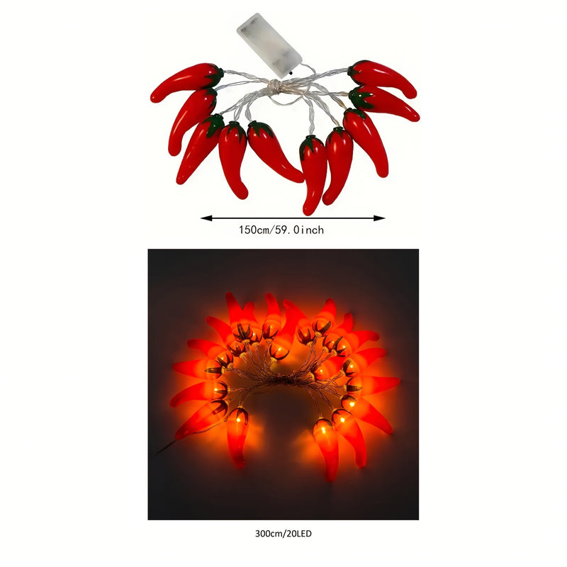 1 pieza de luces de cuerda de chile rojo, luces colgantes festivas LED de 59,06 pulgadas con 10 bombillas o 1118,11 pulgadas con 20 bombillas, luces de cuerda de forma vegetal adecuadas para cocina, mesa y sala de estar (baterías no incluidas)