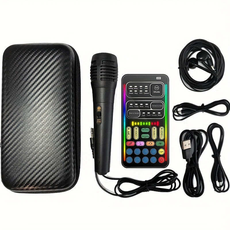 Kit portátil para podcast con cambiador de voz, 8 efectos de voz, ajuste de sonido, incluye micrófono de mano con cable, compatible con celulares y computadoras