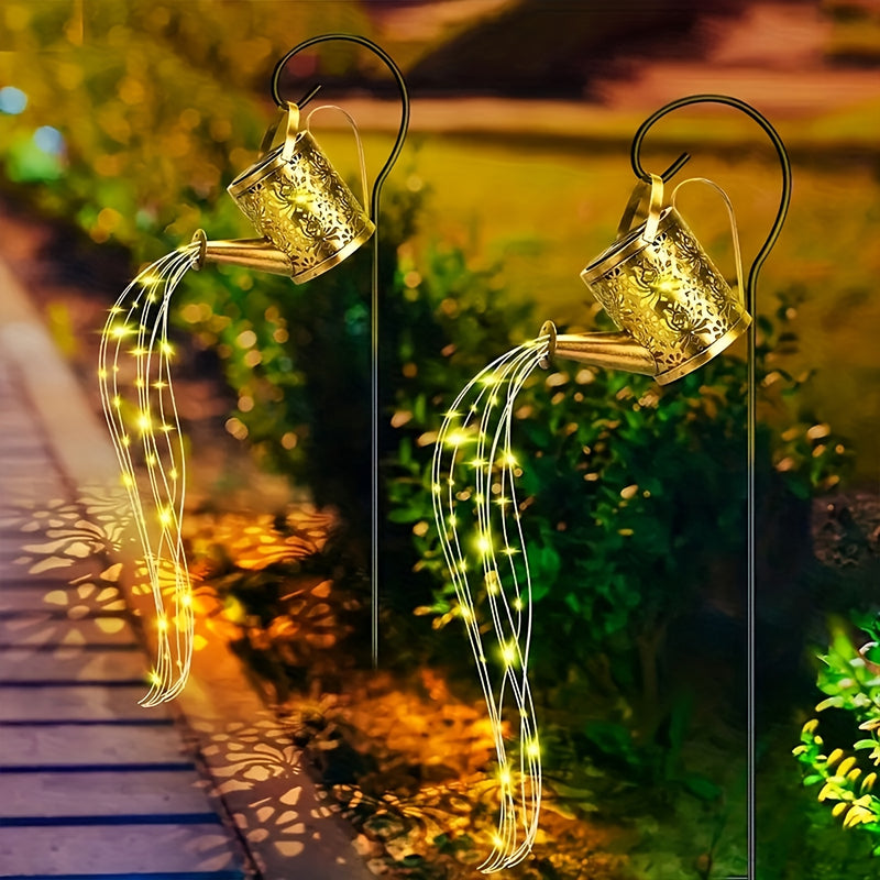 1 tanque de riego solar con luces, luces solares para jardín, decoración de jardín, faroles colgantes, lámparas solares de cascada de metal, ideal para patios, senderos, césped, terrazas, corredores, recibidor - regalo perfecto para Navidad