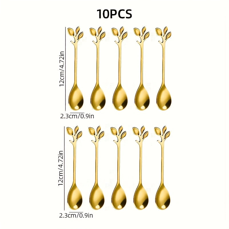 Juego de 10 cucharas para postres de acero inoxidable, diseño elegante de hoja, cucharitas para café, utensilios minimalistas para frutas y postres, ideal para fiestas y celebraciones, regalo para el Día de la Madre, Pascua, renovación primaveral, reunio