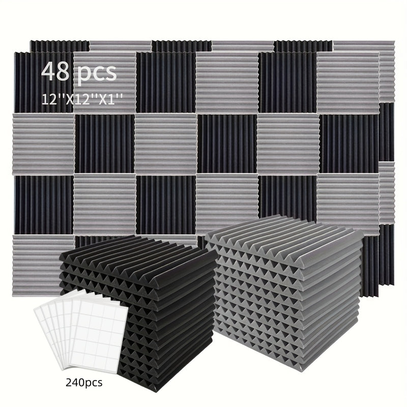 48pcs Paneles de Espuma Acústica, Cuñas de Aislamiento Acústico para Estudio, Relleno Antifuego y Aislante de Sonido, Cuñas de 1"×12"×12" Tratamiento de Absorción con Esponja de Espuma Acústica, Ideal para Dormitorio, Estudio y Oficina, Negro y Gris