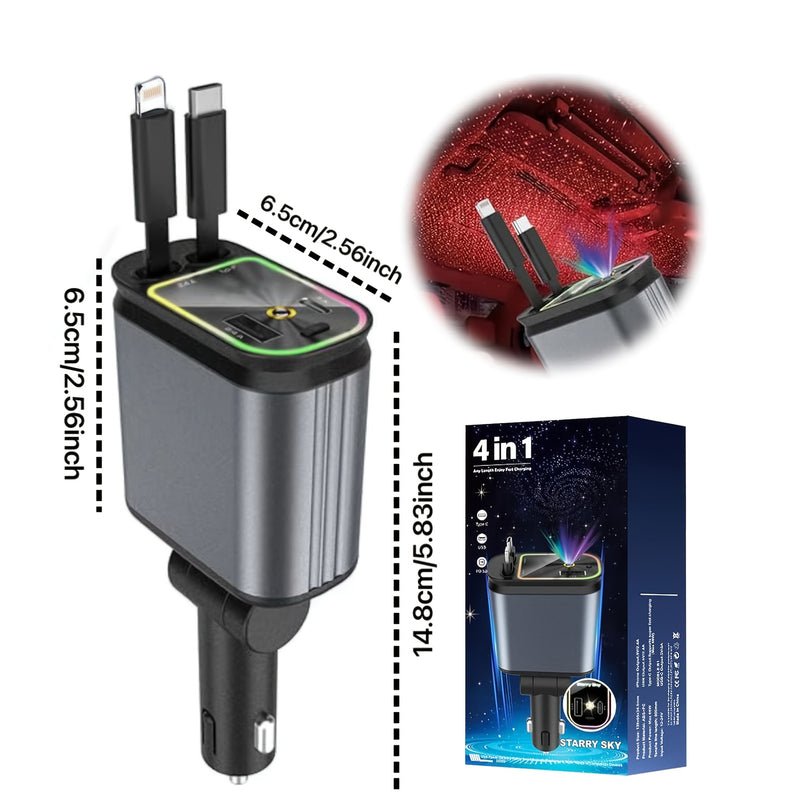 Cargador de auto retráctil SAN.COMO, cargador de auto 4 en 1 con diseño estelar, carga rápida dual USB-C, cable retráctil extensible de 80 cm (doble puerto y doble cable) y 2 puertos USB, adaptador de cargador de auto de 66W, ajuste libre de 180°, diseño