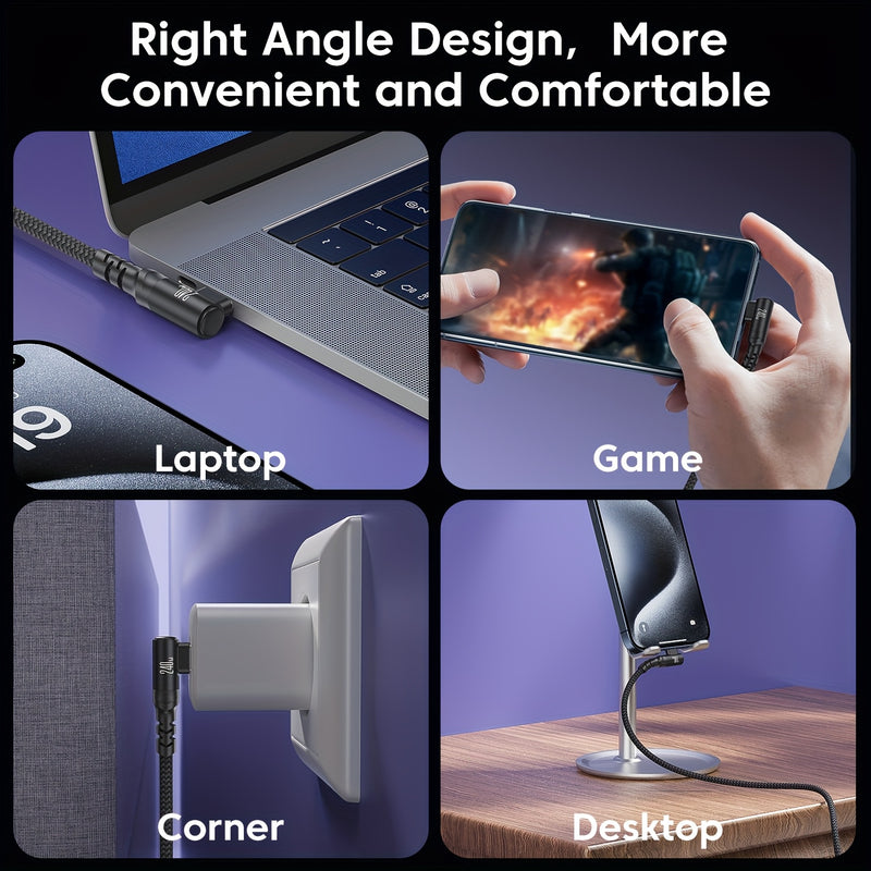 Cable de carga rápida HEEMAX de 240W, con diseño de ángulo recto C a C y USB-C a USB-C, con diseño de 90°, transferencia de datos de alta velocidad, cable trenzado duradero para teléfonos inteligentes y portátiles, cable de carga para teléfono, accesorio