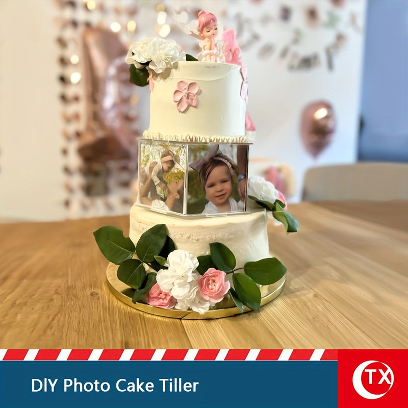 Un conjunto de 8 piezas de marcos de fotos de acrílico transparente DIY, diseñados para ensamblar un soporte de pastel hexagonal con temática de fotos, adecuado para bodas, cumpleaños, graduaciones, Halloween, Navidad, aniversarios y otros soportes de pa