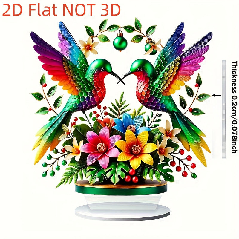 Decoración de Mesa Acrílica Plana en 2D, 1 pieza con Colibrí y Flores Vibrantes - Arte Impreso Manual en 2D, Centro de Escritorio para Oficina o Hogar sin Electricidad, Regalo Único de Navidad para Amantes de la Naturaleza, Decoración de Pájaros, 2D Plano