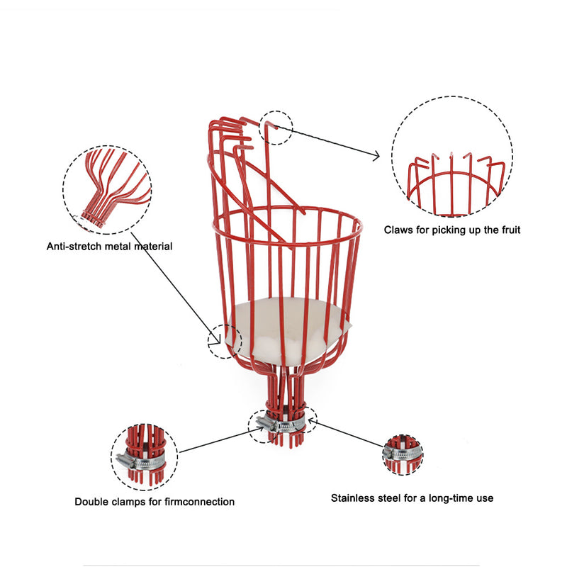 Herramienta de jardín para cosechar frutas como manzanas, melos, cítricos y peras, con una cesta profunda para una fácil recolección.
