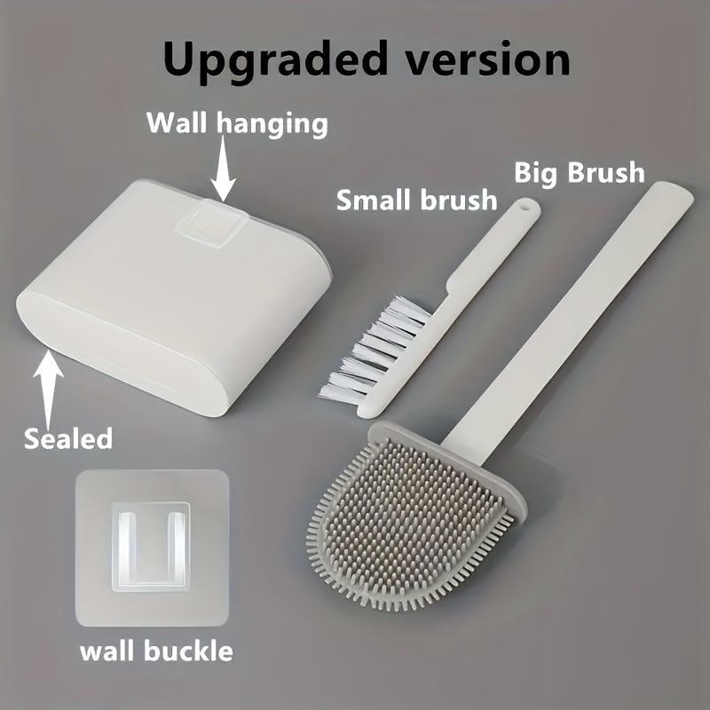 Cepillo de baño de silicona montado en la pared y juego de cepillo de mango largo ergonómico - Diseño antiadherente, fácil de limpiar para un baño higiénico, Kit de limpieza de baño | Decoración de baño elegante | Diseño ergonómico