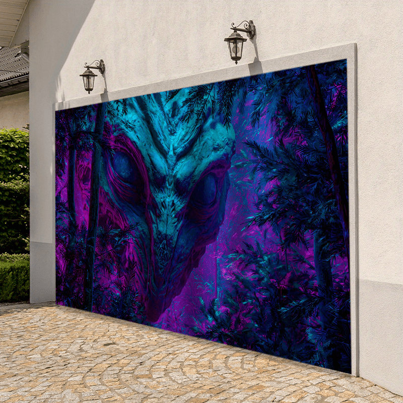 1 pieza de letrero de puerta de garaje de criatura alienígena mística - Gran decoración de arte de pared al aire libre con diseño vibrante de púrpura y azul, perfecto para fondos de fiestas de Halloween, decoración de jardín y celebraciones de fantasía,