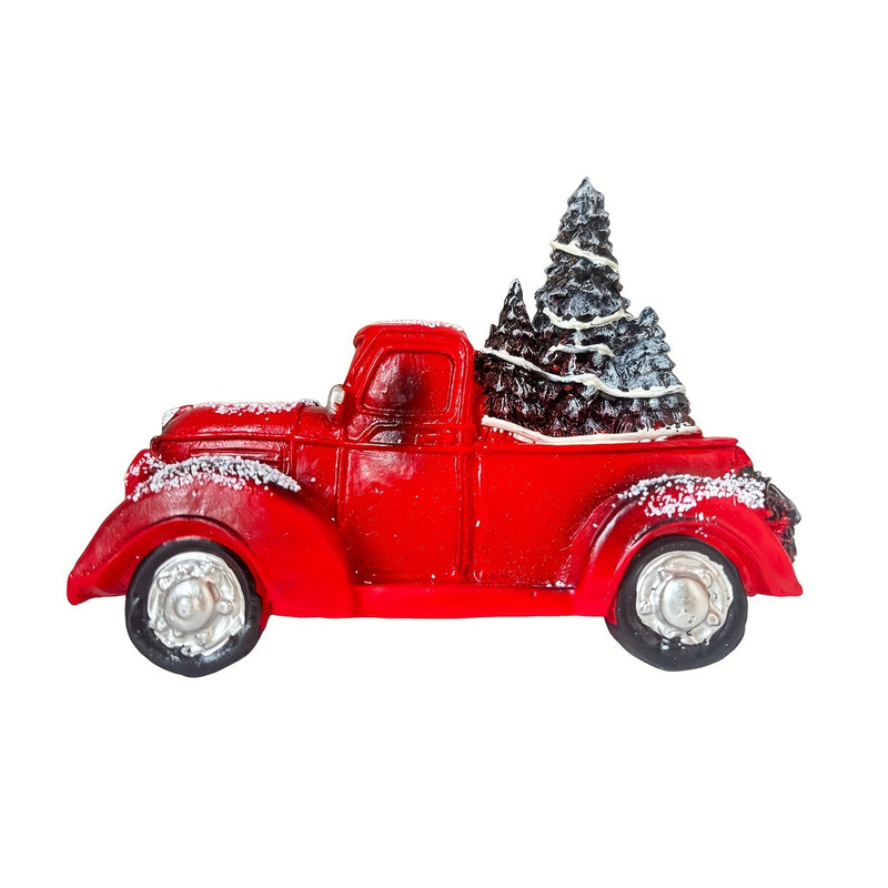 1pc Camión rojo navideño vintage con figurita de árbol - Decoración de mesa de resina coleccionable para el hogar y las fiestas, tema de moda, decoración versátil para habitaciones, regalo para amigos y familiares