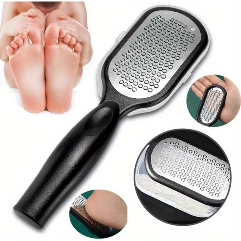 Exfoliador Profesional de Acero Inoxidable para Pies - Diseño Antisalpicaduras, Mango Ergonómico Anticorrosivo, Cuerpo de Plástico Duradero, Textura Suave para Exfoliación Delicada - Herramienta de Spa en Casa y Cuidado de Uñas