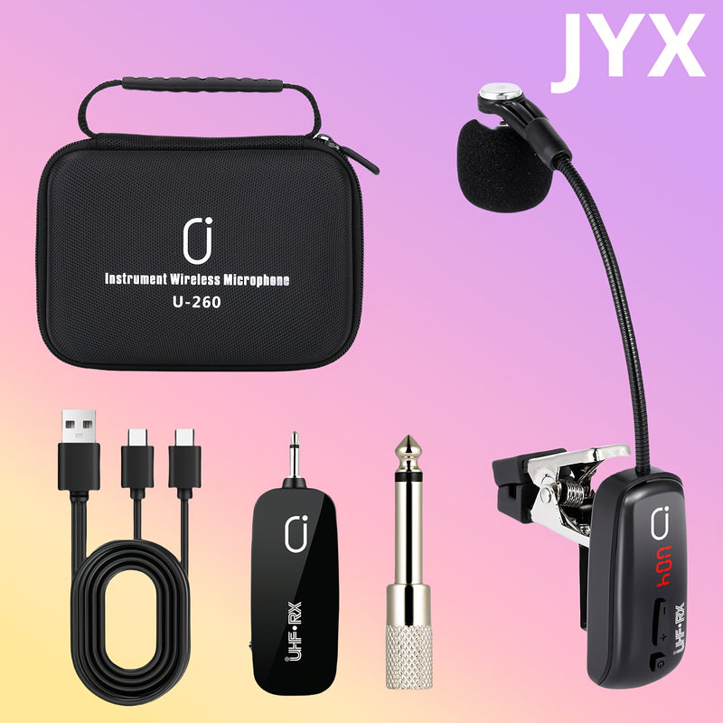 Sistema de Micrófono sin varillas UHF para Saxofón, Micrófono Clip-On para Instrumentos con Transmisor y Receptor, Distancia de Transmisión hasta 48.77 metros, Recargable Apto para Trompeta, Trompa, Violonchelo, Incluye Estuche de Almacenamiento