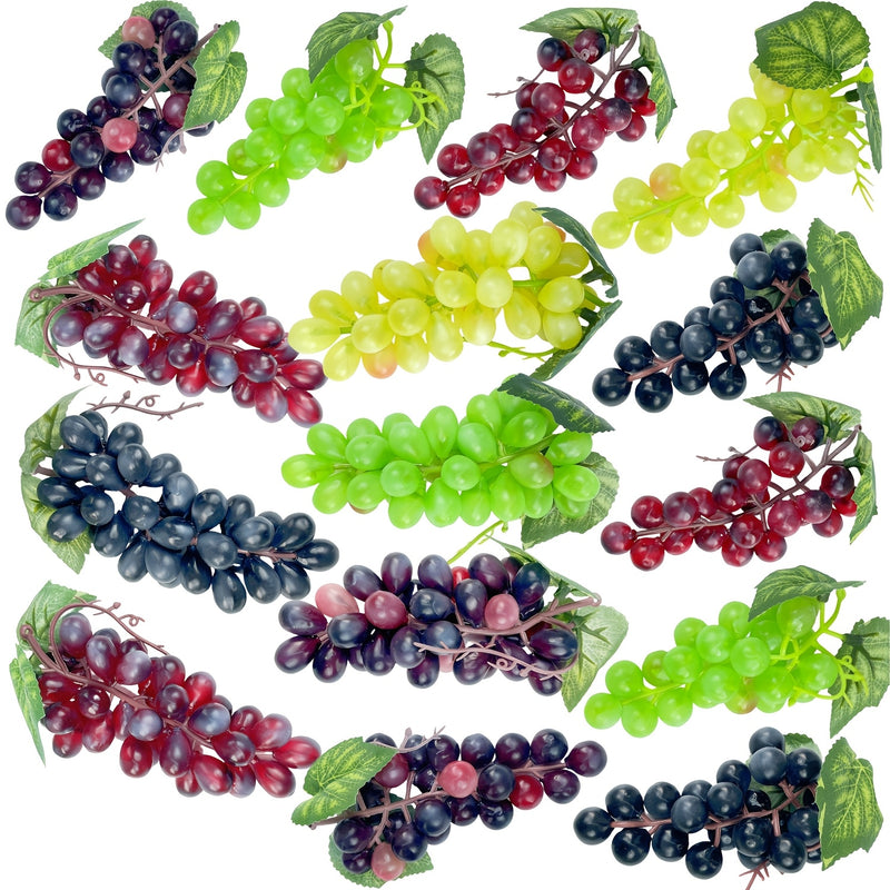15 piezas de uvas artificiales de 5 colores (6 piezas de 18.03 cm y 9 piezas de 16.51 cm), uvas de plástico realistas y de goma adecuadas para decoración de centros de cocina de vino de frutas en bodas, decoración de vacaciones y decoración del hogar