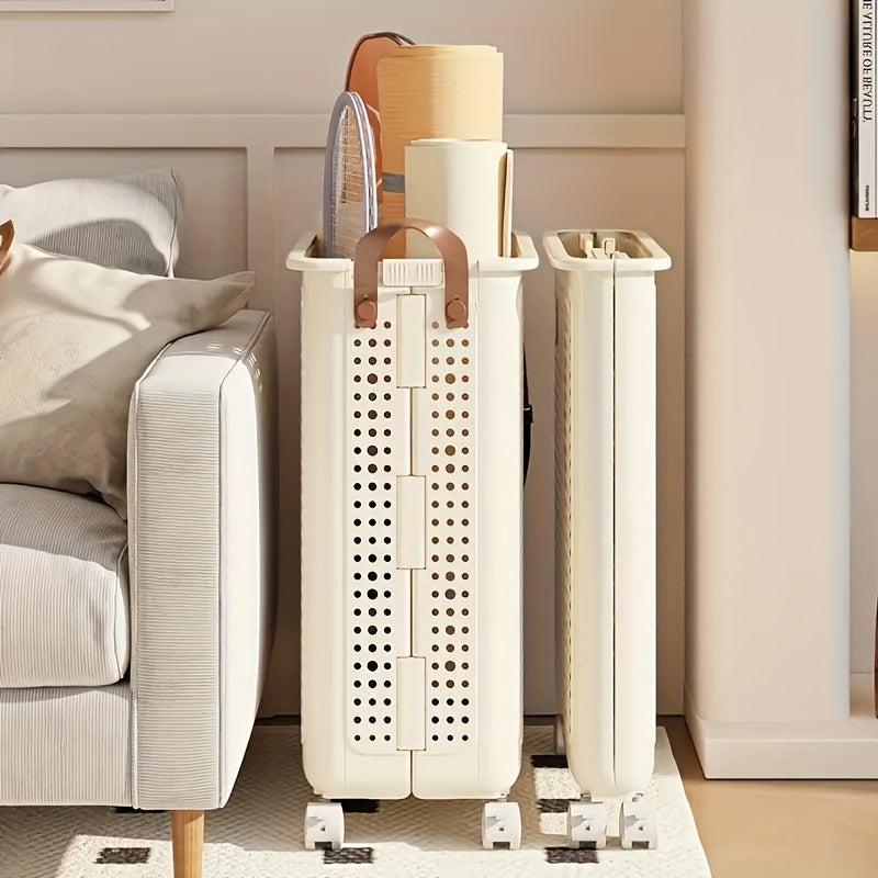 1 cesta de almacenamiento plegable blanca de tamaño medio-grande con ruedas - Organizador que ahorra espacio para toallas, ropa, juguetes y más - Caja plegable portátil de plástico con asas, ideal para el hogar, la cocina, el baño y el spa, solución de a