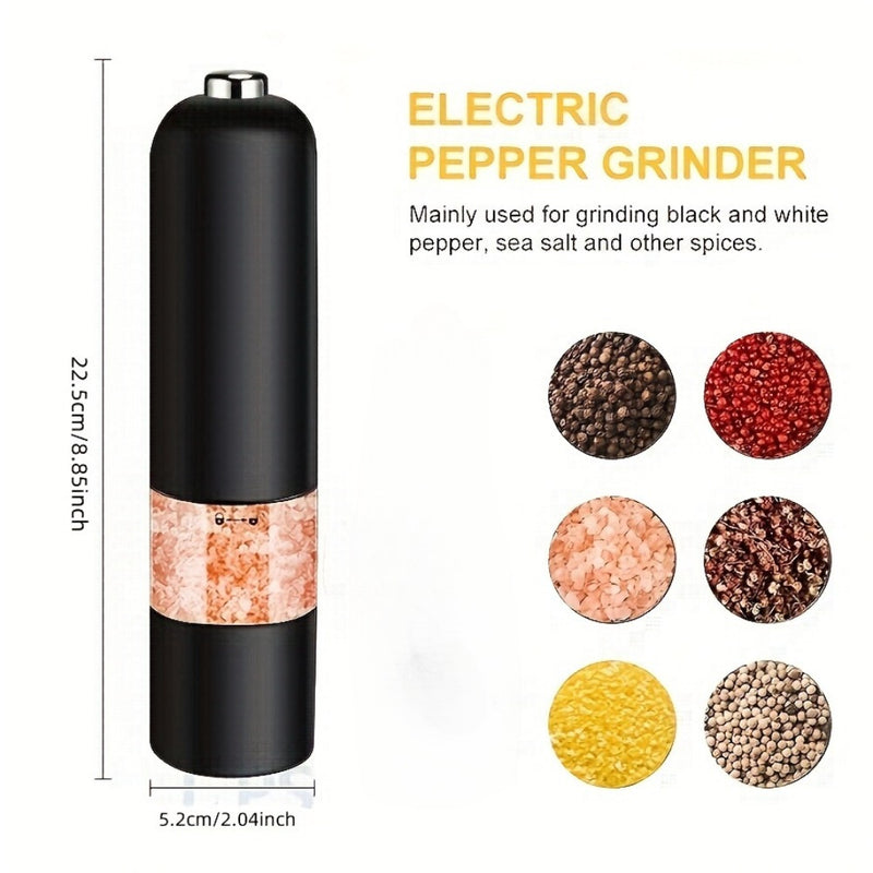 Molino de sal y pimienta eléctrico - Granulometría ajustable, molino de especias automático para cocina y barbacoa, funcionamiento con batería (baterías no incluidas), herramientas de cocina | Diseño negro elegante | Construcción duradera de PC, molino p